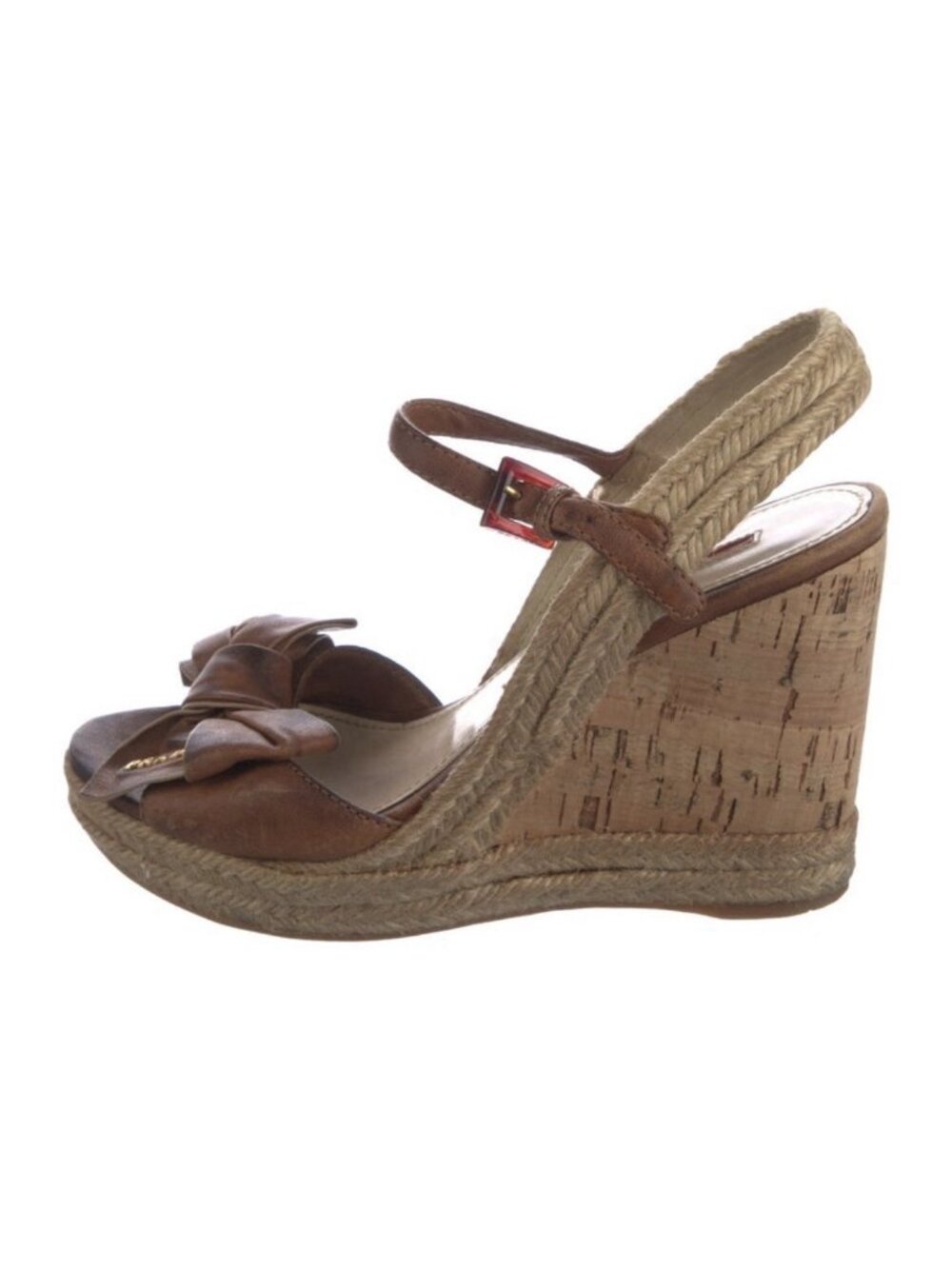 Prada Authentic Brown Leather Wedge Heel Espadrilles Sandals 6 - Picture 2 of 9